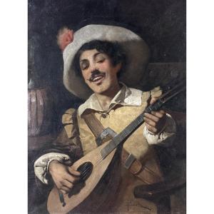  Fasoli Beautiful Portrait Painting Man Musician Lute Tavern Nice Signed 19th