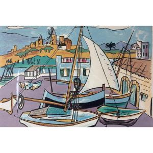 Beautiful Modern Lithograph Of The Port Of Ibiza, Palma De Mallorca, Renée Aspe, 1960 Toulouse