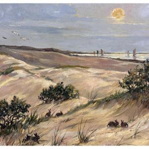  Fernand Maissen Painting Touquet Beach Landscape Dune Rabbit Marine Boat Sunset 