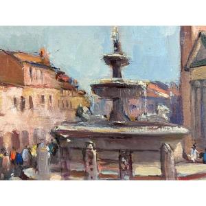 Marcel Bertoin, Antique Painting, Landscape, Roman Fountain, Bustling City Of Rome, Summer 