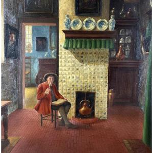 Carl Fey, Portrait Of A Smoking Scholar, Interior Drawing Room, Germany, 19th Century, Düsseldorf 