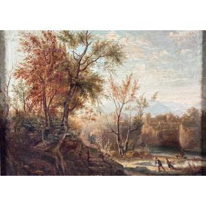 Landscape Painting With Castle Ruins, Animated By The Watchtower Passage, 18th Century Canvas