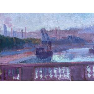 Edmond Sigrist, Painting, View Of The Seine In Paris, Javel, Meudon, Auteuil Bridge, Fauvist, 1900, Luce 