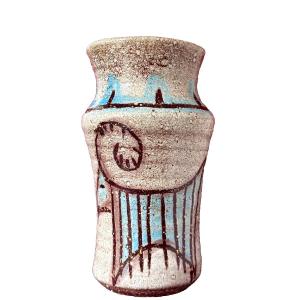 Accolay Vase With An Archaic Ram Design, Ceramic, 1960s, Vintage Brutalist Pottery