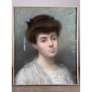 Pastel Portrait Painting Of A Young Red-haired Woman From The Art Nouveau Period