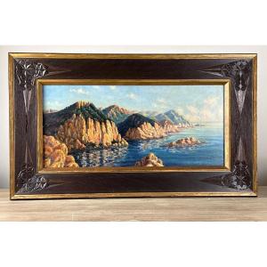 Antique Orientalist Painting, Seaside Landscape, Piana Oued Coast, Algeria, Corsica, Maxime Noiré (st