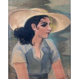 Beautiful Drawing, Portrait Of An Elegant Young Woman Sailing In A Boater Hat, Signed 1936
