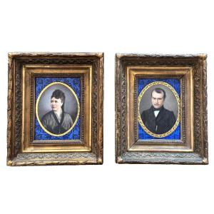 Painting On Porcelain Plaque, Portrait Of A Woman And Man In Costume, E. Yvetot Limoges X 2, 19th Century