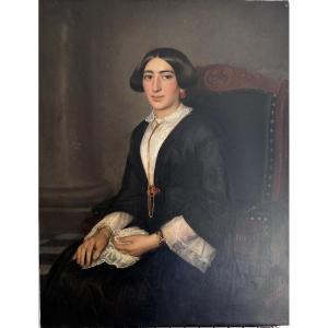 Polydore Beaufaux Large Antique Painting, Portrait Of A Romantic Lady, Signed, 19th Century, 110 X 86 Cm 