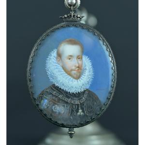 Antique Miniature Portrait Of Albert VII, Archduke Of Austria, Oval Silver Frame, 19th Century Crown