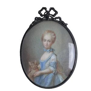 Miniature Painting Of A Little Girl With A Cat, Silver Frame, Tortoiseshell, Mother-of-pearl, Fleur-de-lis, Perronneau 