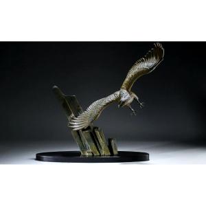 Rulas Large Animal Sculpture, The Golden Eagle In Flight, Bronze Patina, Art Deco Period 