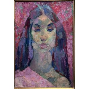 Jean Dulac, Portrait Of Violet, Young Fauvist Expressionist Woman, Lyon, 1960