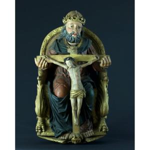 Antique Religious Sculpture Of God Christ, Trinity, Throne Of Grace, 15th Century, Carved Wood, Swabian 