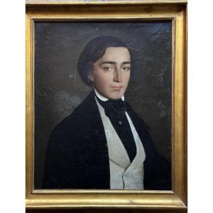 Portrait Painting Of A Young Romantic Dandy Man, Oil On Canvas, 19th Century