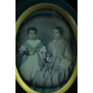 Ambrotype Daguerreotype Portrait Of A Woman And Girl, 19th Century, Costume Photograph
