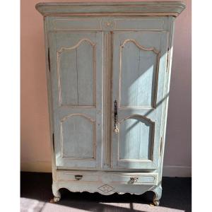 Louis XV Style Wardrobe From Provence, Two Doors And One Drawer, Carved And Painted Wood