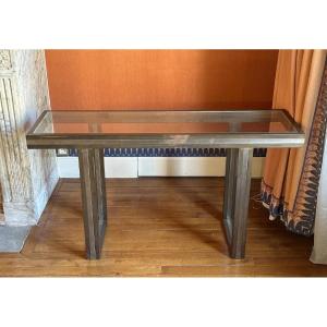 Beautiful Vintage Italian Design Console Table By Romeo Rega, Circa 1970. Metal And Glass Tabletop.