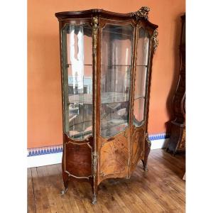 Louis XV Armoire Curved Glass Display Cabinet Bronze Marquetry St Linke Paris 19th Century