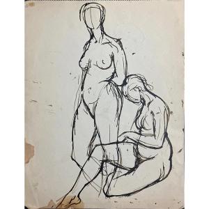 Ten Kate III Ink Drawing Study Of Female Nude Portrait Couple Atelier Art Moderne 1950