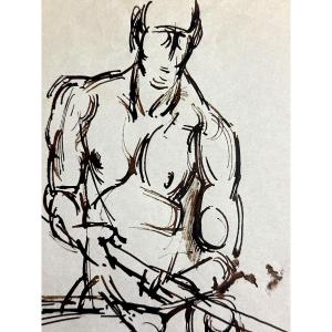 Ten Kate III Ink Drawing Study Of A Seated Male Nude