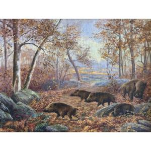 Schaeffer Antique Painting Wild Boar Herd Forest Landscape 1938 Rötig Style