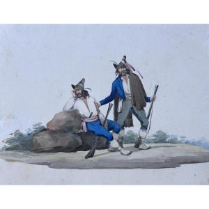 Drawing Neapolitan Brigand Armed With Blunderbuss Romanticism Watercolor Italy