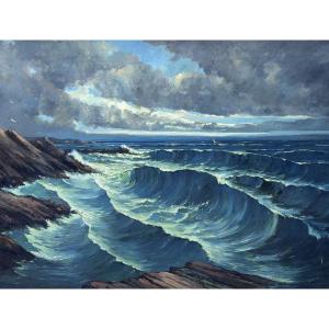 Auberger Large Painting Seaside La Vague Brittany Saint-lunaire Art Deco Sky