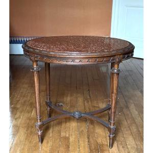 Louis XVI Style Oval Pedestal Table Circa 1900, Walnut And Languedoc Marble Elegant Pedestal Table Ov