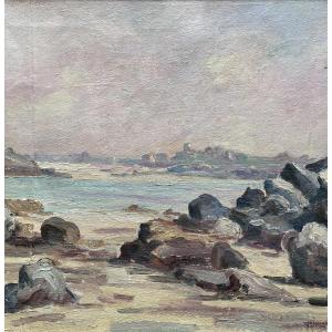Fernand Le Chuiton Painting Brittany Finistère Seaside Marine Low Tide Boat 1930