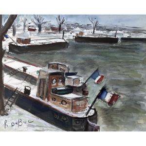 Dubuc Barges Docked In The Snow With Tricolor Flags Bord De Seine Paris