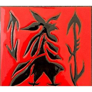 Jean Lurçat Glazed Ceramic Tile Sant Vicens Red Rooster Black Design