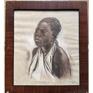 Louis Jean Beaupuy Old Drawing Portrait Of A Young Girl Madagascar Art Deco