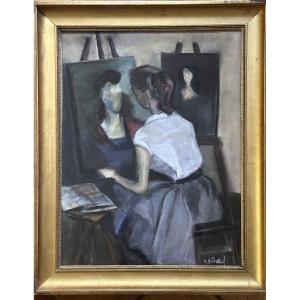 Pastel Woman Painter With Easel In A Studio Academy Portrait 1950 Signed