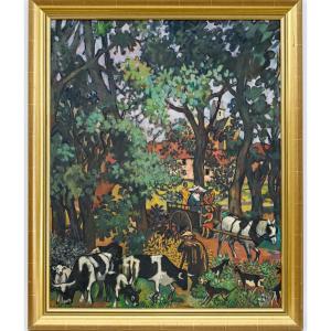 Maurice Rétif Tableau Ancien Paysage Animé Abbaye En-calcat Frère Luc Dom Robert Tapestry