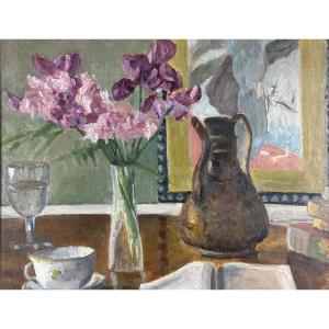 Georges Lévy Art Deco Still Life Painting Book Glass Portrait Woman Coffee Pot