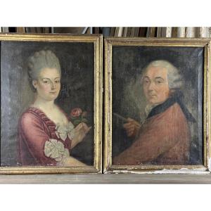 Tableau Autoportrait Peintre Couple Artiste Dame Costume Louis XVI 18th X 2 French School