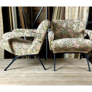 Maurice Cabrol, Pair Of Small Minimalist Armchairs, 1960, Vintage Decor, Black Lacquered