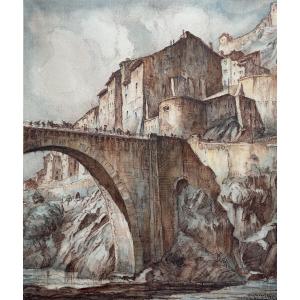Louis Agricol Montagné Beautiful Drawing Landscape Bridge View Of Sisteron Animated Watercolor