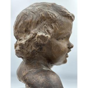 Pierre De Léonard Old Sculpture Portrait Of A Child Amour Putto Cherub Terracotta 19th Century Decor