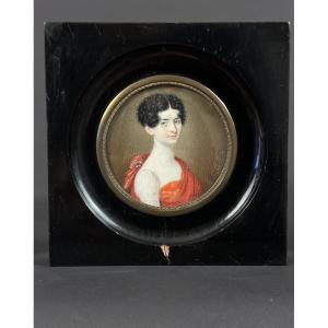 Giuseppe Locatelli Miniature Portrait Young Woman Red Dress Antique Italy 18th Century