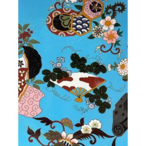 Large Dish Japan Turquoise Blue Background Fan Flowers Enamel Cloisonné Tortoiseshell 19th Century