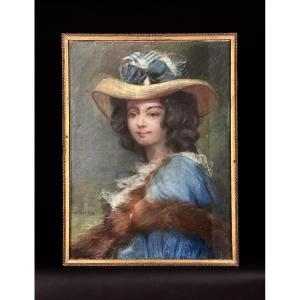 Albert Foa Painting Portrait Of Young Woman With Straw Hat And Blue Ribbon Marseille