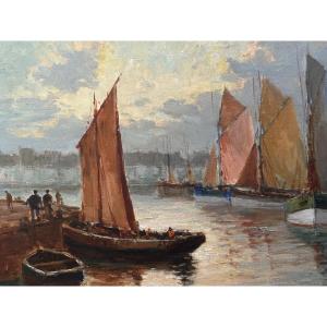 Deschamps Painting: Fishermen At Sea, The Port Of Concarneau, Orange Sky, Breton Boat, Signed XX