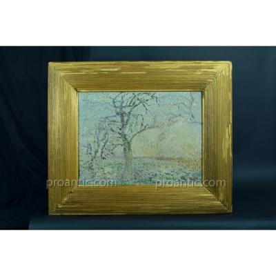 Painting Old 19th Signed Pointilist Landscape Trees Lemaitre Elv. Seurat Rare