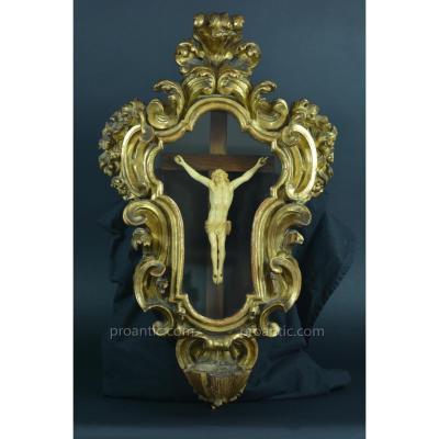 Grand Christ In Ivory 18th Baroque Golden Wood Frame Italy