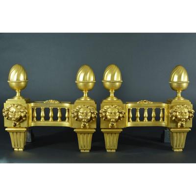 Antique Chenet Fire Louis XVI Gilt Bronze Mascaron Mask Of Borée Greek X 2 19th