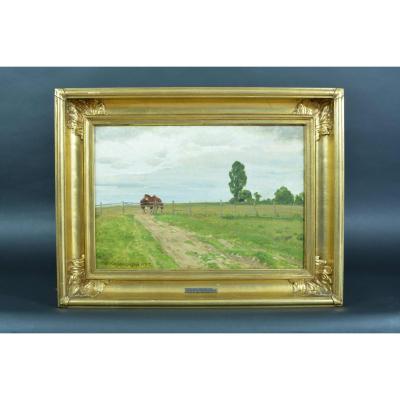 Joakim Skovgaard Horses In A Landscape 19th Denmark Old Table 1877