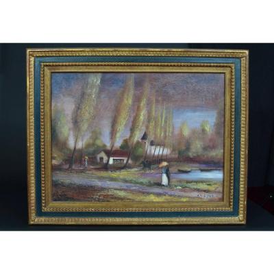Beautiful Old Landscape Painting With Large Trees And Horsemen Signed Rj Bizet Frame Beaulieu N ° 1