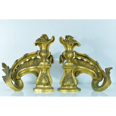 Antique Chenet Feu Louis XV Rocaille Vase Gilt Bronze Antique Fire Dogs Germain